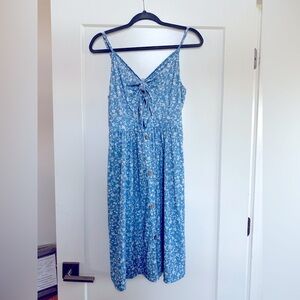 Cotton Blue White Floral Tie Front Summer Thin Strap Midi Dress Sz L Large